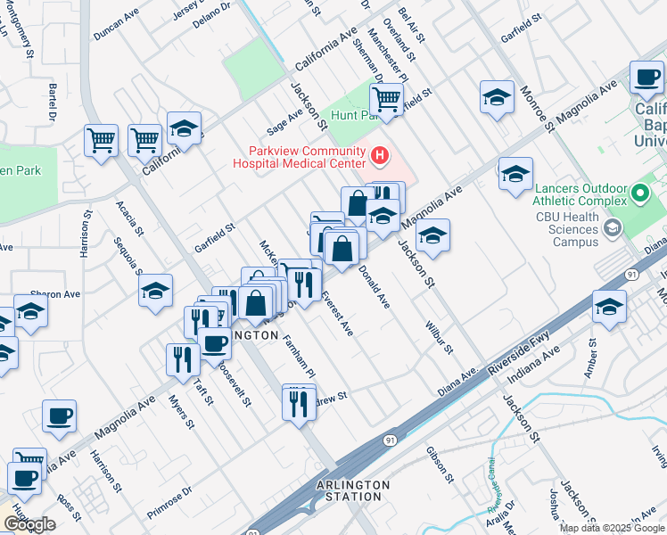 map of restaurants, bars, coffee shops, grocery stores, and more near 3867 Stotts Street in Riverside