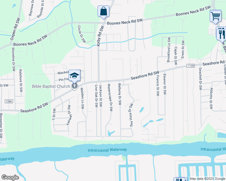 map of restaurants, bars, coffee shops, grocery stores, and more near 2580 Waterscape Dr SW in Brunswick