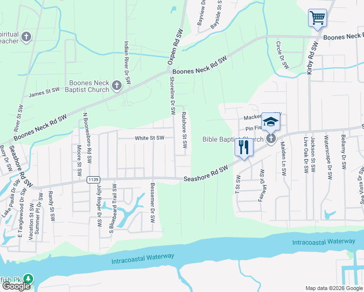 map of restaurants, bars, coffee shops, grocery stores, and more near 2672 N Highpoint St SW in Brunswick
