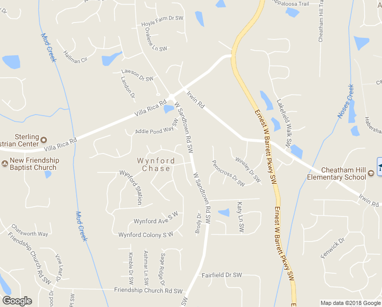 map of restaurants, bars, coffee shops, grocery stores, and more near 1306 West Sandtown Road Southwest in Marietta