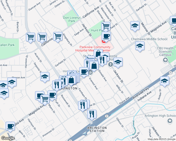 map of restaurants, bars, coffee shops, grocery stores, and more near 9295 Magnolia Avenue in Riverside