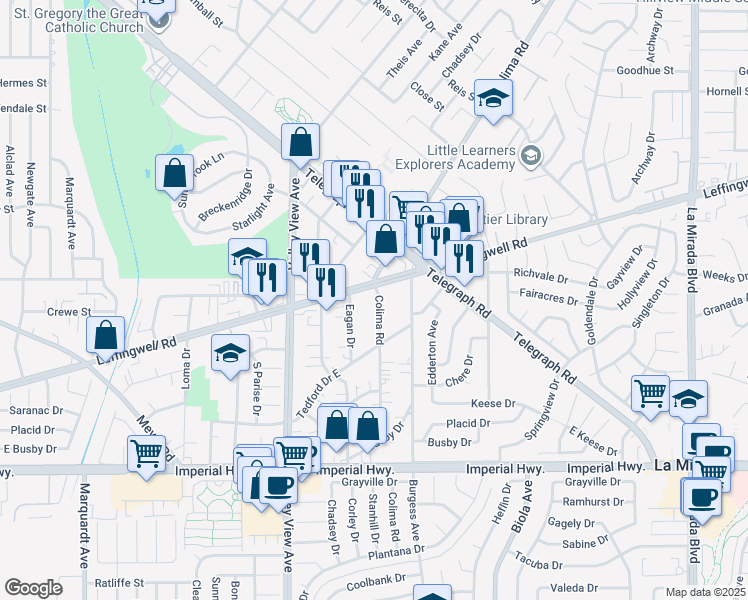 map of restaurants, bars, coffee shops, grocery stores, and more near 11813 Colima Road in Whittier