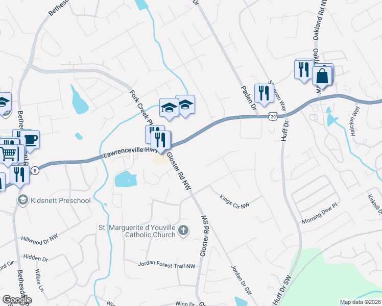 map of restaurants, bars, coffee shops, grocery stores, and more near 2656 Lawrenceville Highway in Lawrenceville