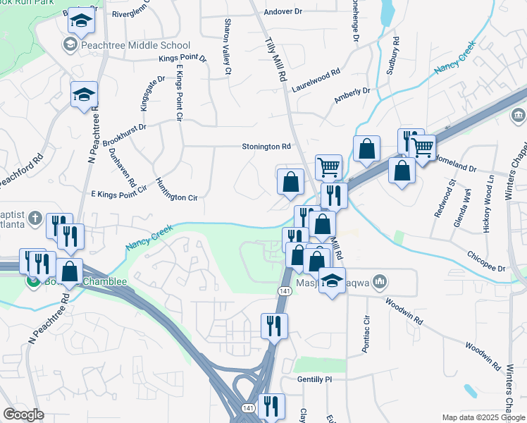 map of restaurants, bars, coffee shops, grocery stores, and more near 2580 Ridgeway Drive in Atlanta