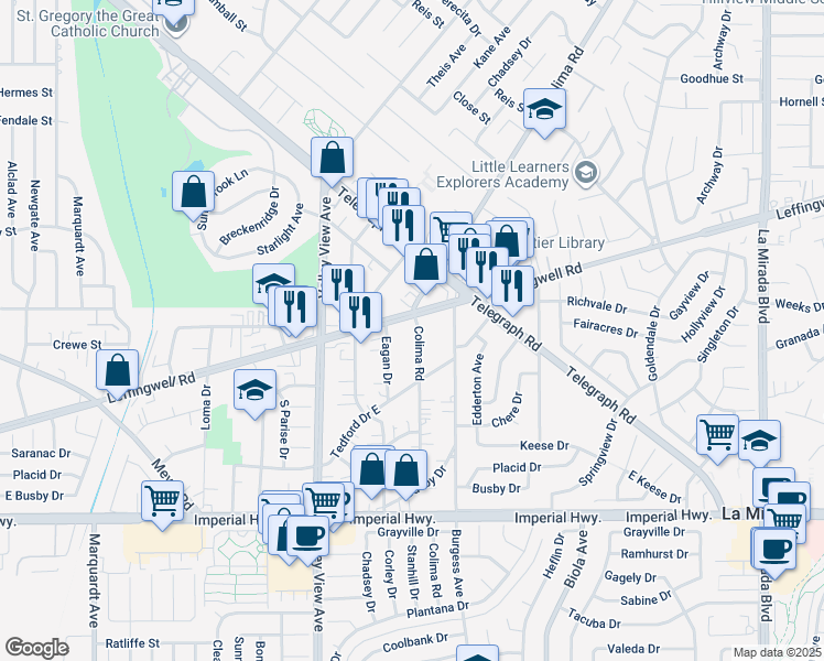 map of restaurants, bars, coffee shops, grocery stores, and more near 11813 Colima Road in Whittier