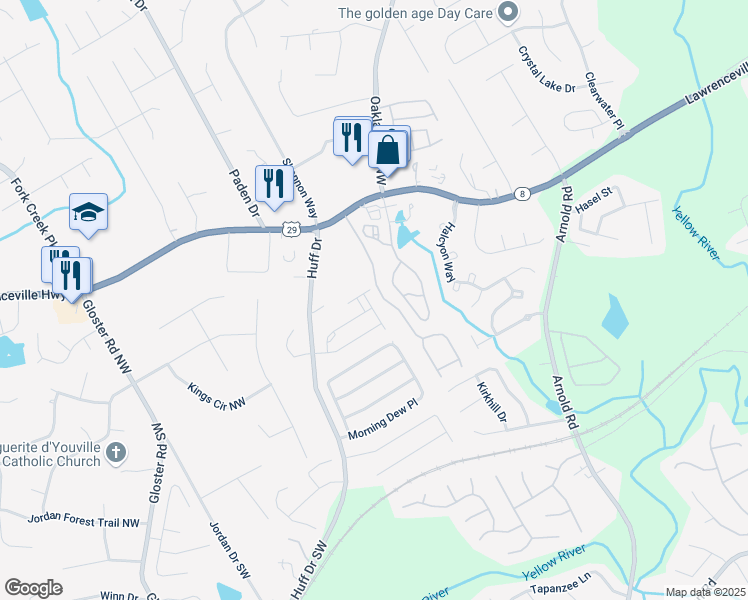 map of restaurants, bars, coffee shops, grocery stores, and more near 221 Irwell Path in Lawrenceville