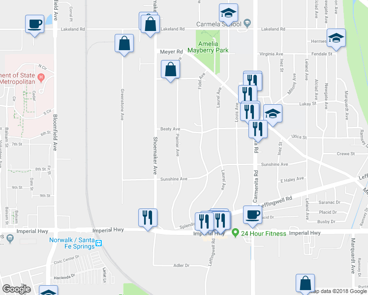 map of restaurants, bars, coffee shops, grocery stores, and more near 11912 Painter Avenue in Whittier