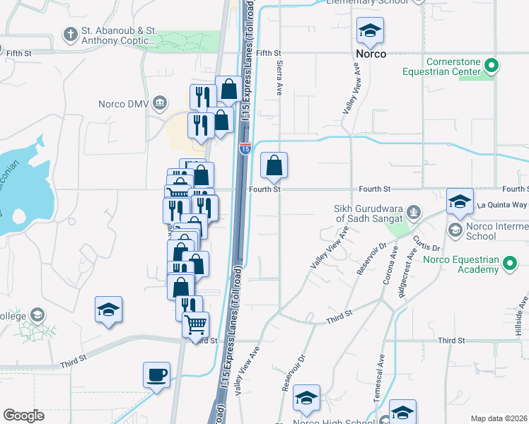 map of restaurants, bars, coffee shops, grocery stores, and more near 1531 Elm Drive in Norco