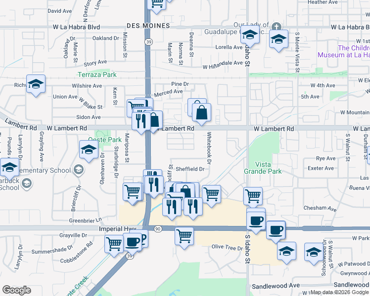 map of restaurants, bars, coffee shops, grocery stores, and more near 1750 West Lambert Road in La Habra