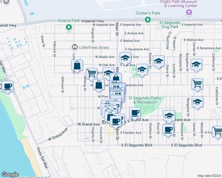 map of restaurants, bars, coffee shops, grocery stores, and more near 530 Richmond Street in El Segundo