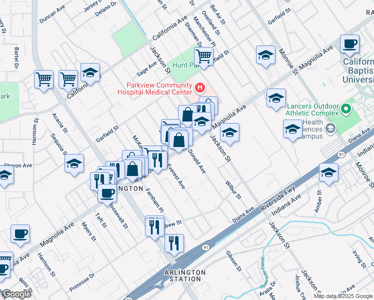 map of restaurants, bars, coffee shops, grocery stores, and more near 9226 Magnolia Avenue in Riverside