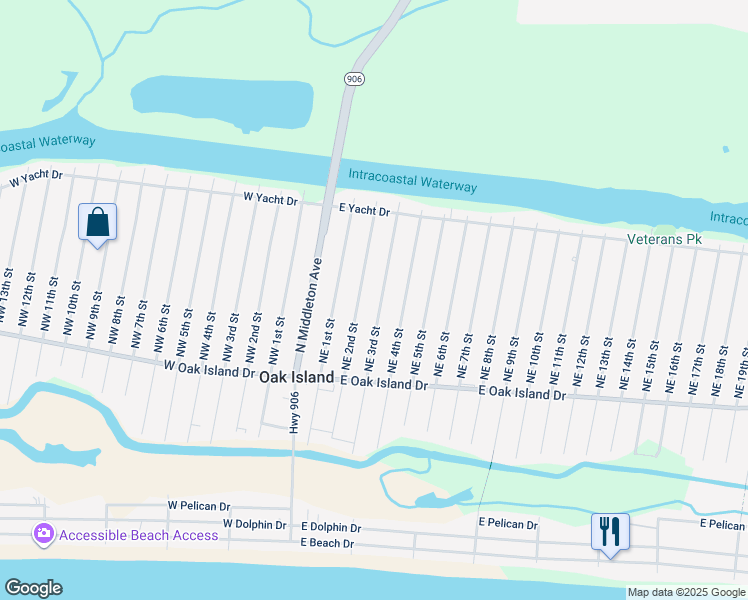 map of restaurants, bars, coffee shops, grocery stores, and more near 127 Northeast 3rd Street in Oak Island