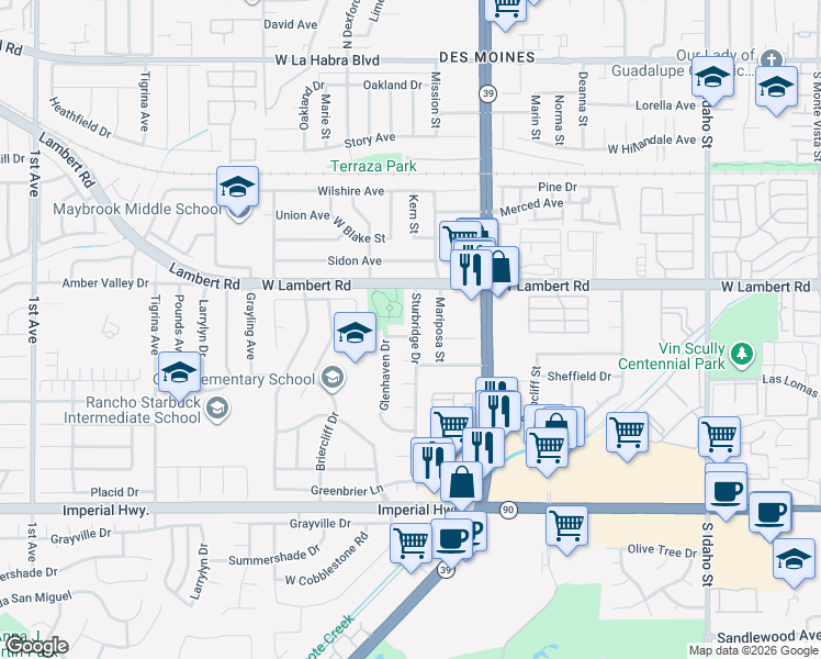 map of restaurants, bars, coffee shops, grocery stores, and more near 810 Sturbridge Drive in La Habra