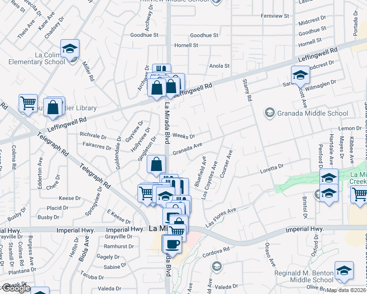 map of restaurants, bars, coffee shops, grocery stores, and more near 15024 Granada Avenue in La Mirada