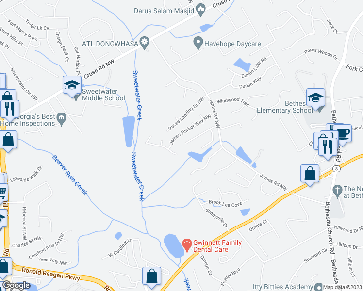 map of restaurants, bars, coffee shops, grocery stores, and more near 3350 Oaktree Park Drive Northwest in Lawrenceville