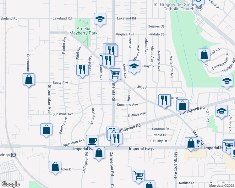 map of restaurants, bars, coffee shops, grocery stores, and more near 11916 Carmenita Road in Whittier