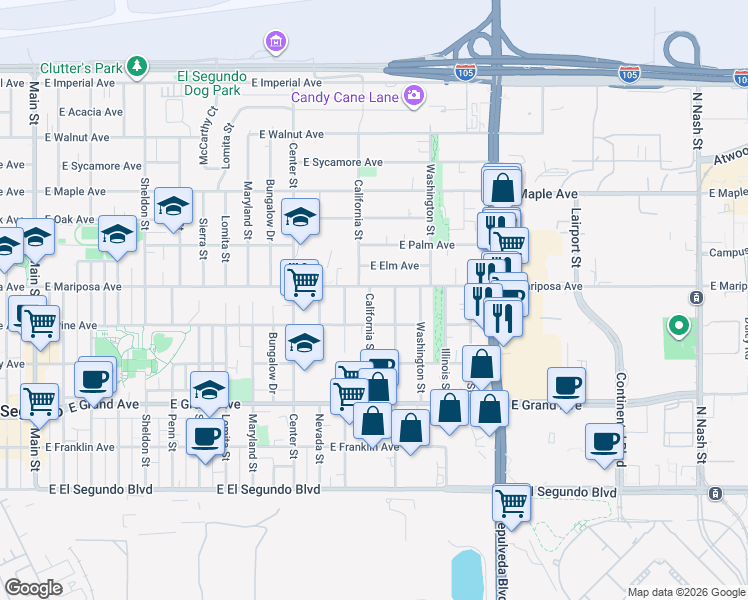 map of restaurants, bars, coffee shops, grocery stores, and more near 526 California Street in El Segundo