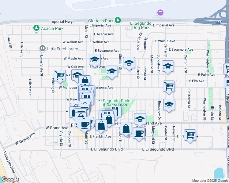map of restaurants, bars, coffee shops, grocery stores, and more near 534 Arena Street in El Segundo