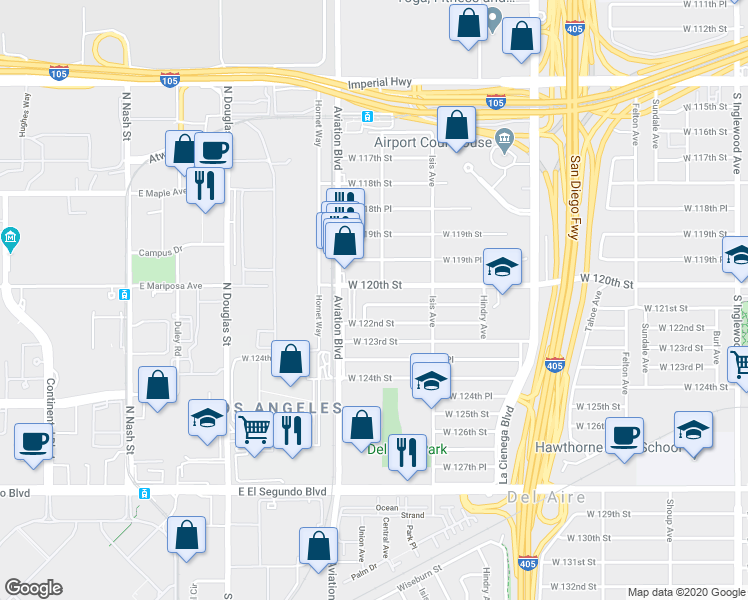 map of restaurants, bars, coffee shops, grocery stores, and more near 5475 West 121st Street in Hawthorne
