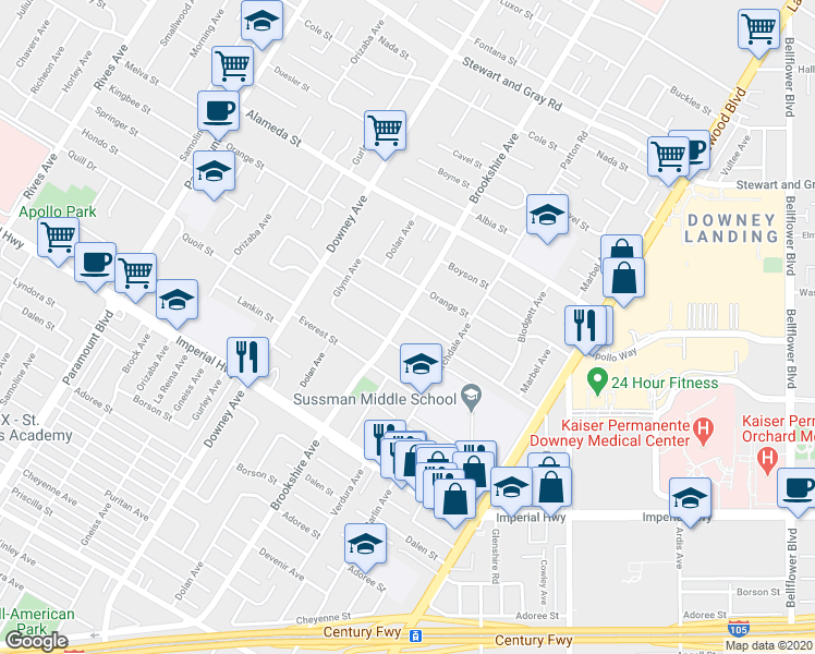 map of restaurants, bars, coffee shops, grocery stores, and more near 8510 Donovan Street in Downey