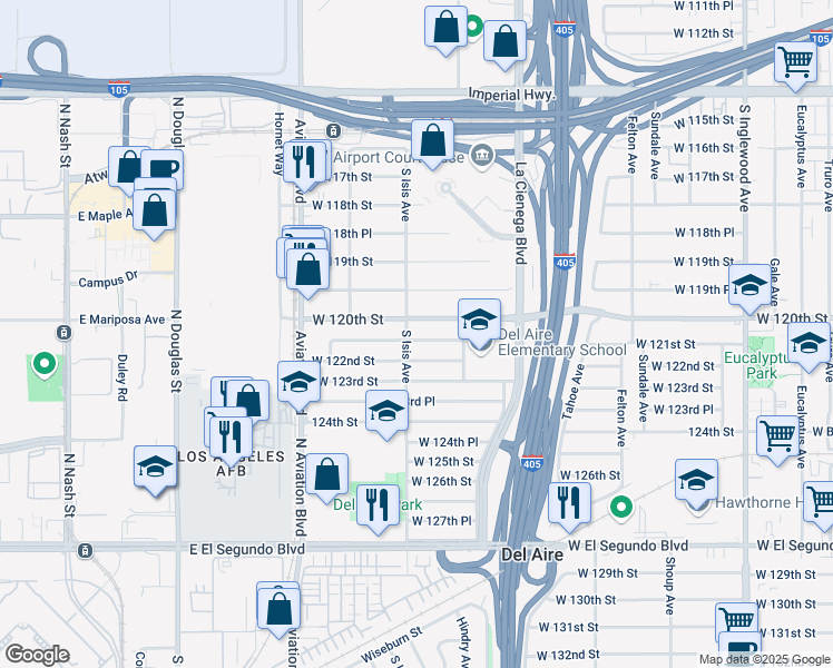 map of restaurants, bars, coffee shops, grocery stores, and more near 5353 West 121st Street in Hawthorne