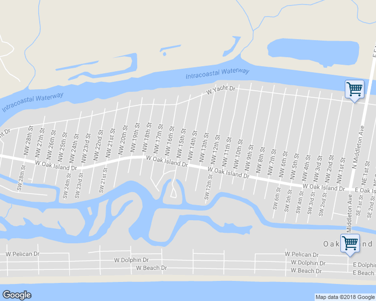 map of restaurants, bars, coffee shops, grocery stores, and more near 107 Northwest 14th Street in Oak Island