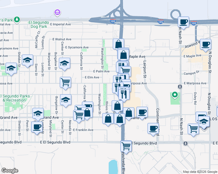 map of restaurants, bars, coffee shops, grocery stores, and more near 534 Illinois Street in El Segundo