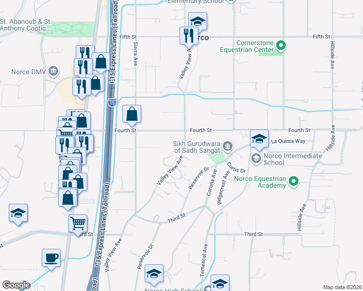 map of restaurants, bars, coffee shops, grocery stores, and more near 2830 Valley View Avenue in Norco