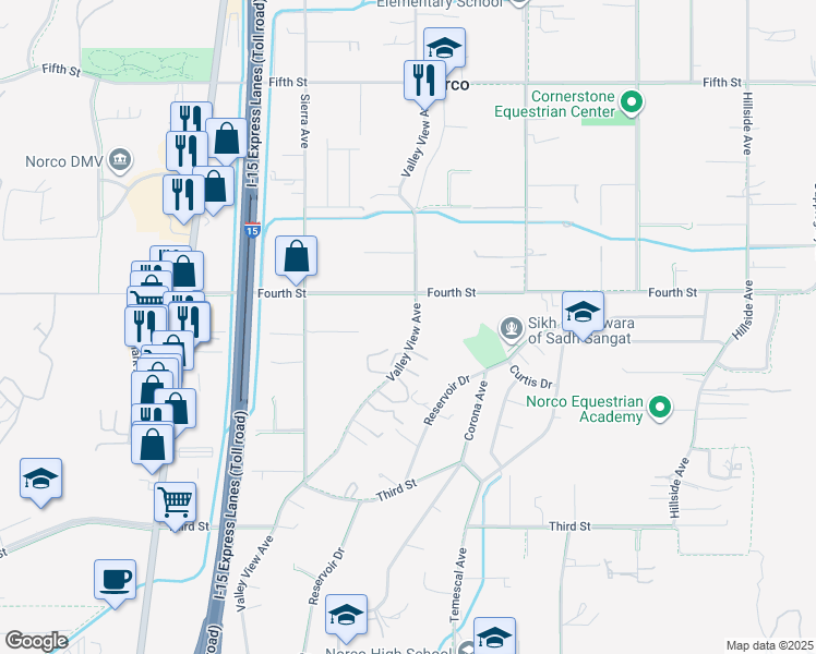map of restaurants, bars, coffee shops, grocery stores, and more near 2830 Valley View Avenue in Norco