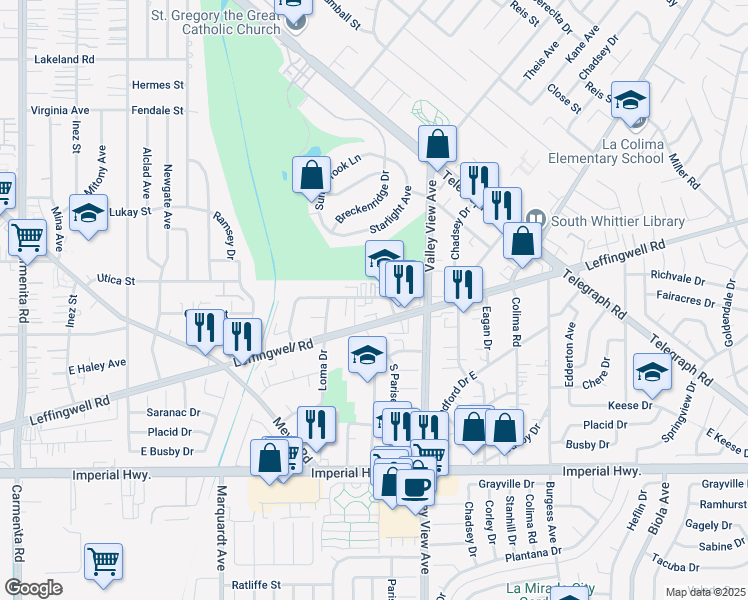 map of restaurants, bars, coffee shops, grocery stores, and more near 14062 Coteau Drive in Whittier