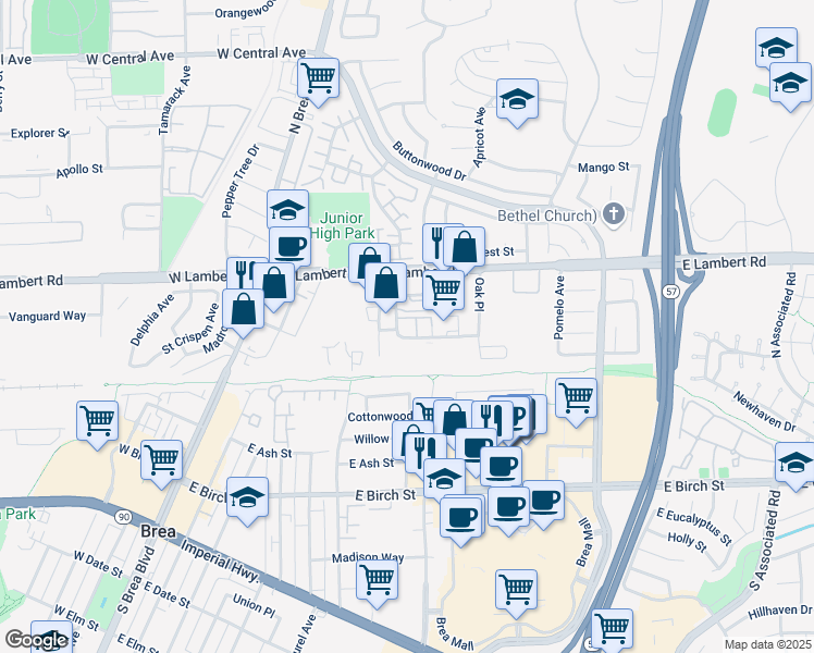 map of restaurants, bars, coffee shops, grocery stores, and more near 320 Thor Place in Brea