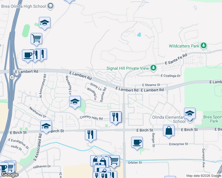 map of restaurants, bars, coffee shops, grocery stores, and more near 346 Hilltop Lane in Brea