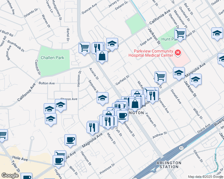 map of restaurants, bars, coffee shops, grocery stores, and more near 3994 Van Buren Boulevard in Riverside