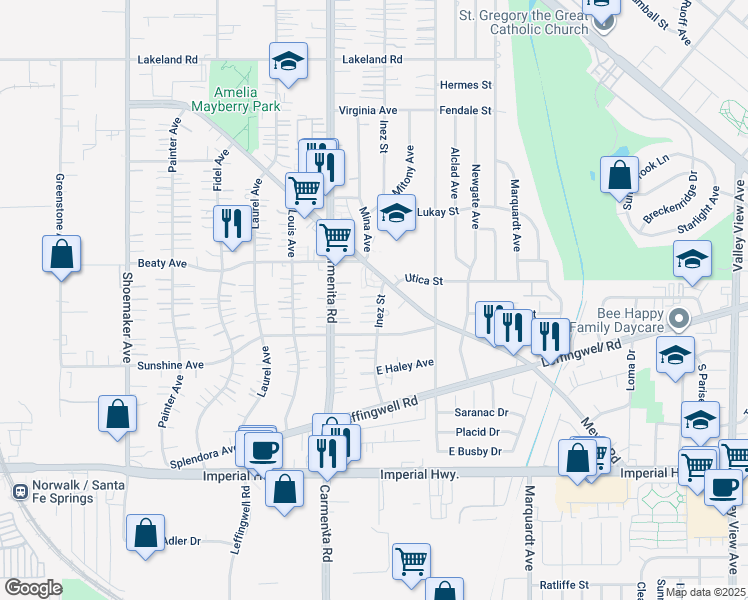 map of restaurants, bars, coffee shops, grocery stores, and more near 11919 Inez Street in Whittier