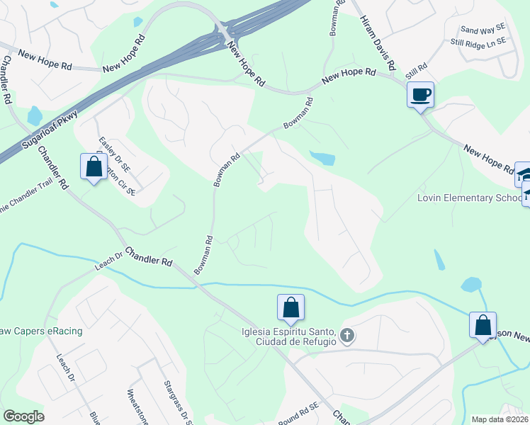 map of restaurants, bars, coffee shops, grocery stores, and more near 1498 Bowman Road in Lawrenceville