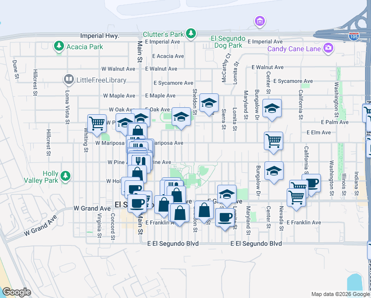 map of restaurants, bars, coffee shops, grocery stores, and more near 534 Arena Street in El Segundo