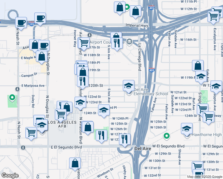 map of restaurants, bars, coffee shops, grocery stores, and more near 5353 West 121st Street in Hawthorne