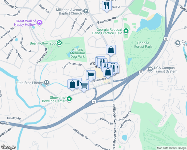 map of restaurants, bars, coffee shops, grocery stores, and more near 101 Davis Street in Athens