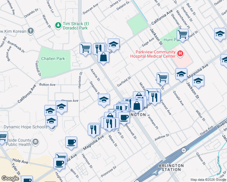 map of restaurants, bars, coffee shops, grocery stores, and more near 3994 Van Buren Boulevard in Riverside