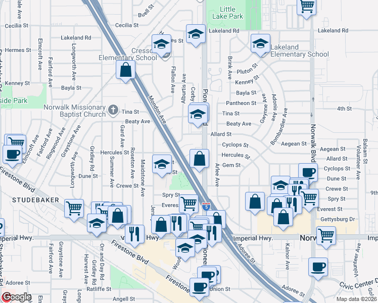 map of restaurants, bars, coffee shops, grocery stores, and more near 12016 Mondon Avenue in Norwalk
