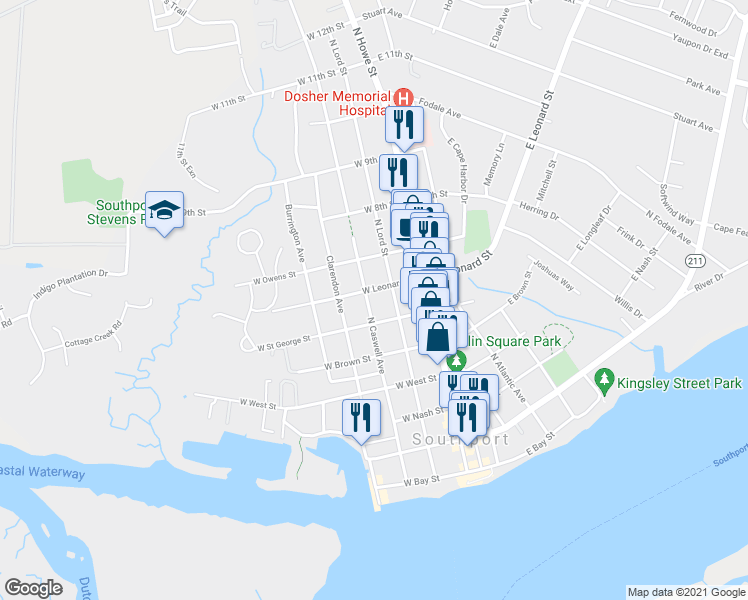 map of restaurants, bars, coffee shops, grocery stores, and more near 516 North Caswell Avenue in Southport