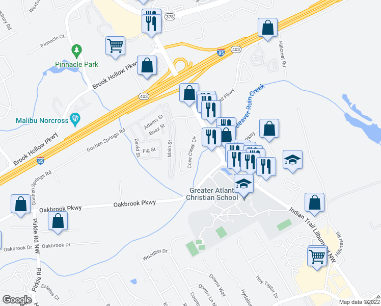 map of restaurants, bars, coffee shops, grocery stores, and more near Cove Creek Circle in Norcross