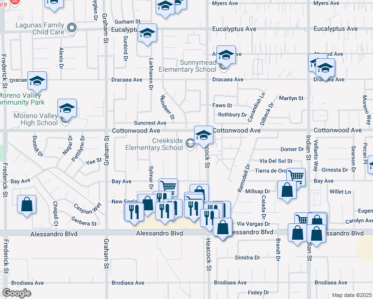 map of restaurants, bars, coffee shops, grocery stores, and more near 13648 Rockcrest Drive in Moreno Valley