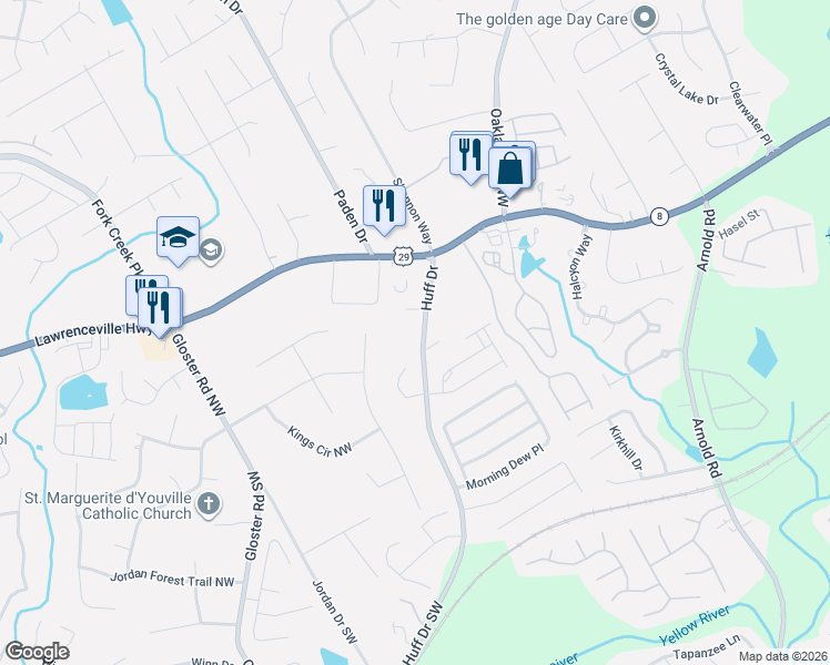 map of restaurants, bars, coffee shops, grocery stores, and more near 2675 Trelipe Drive in Lawrenceville
