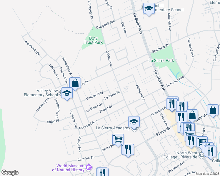 map of restaurants, bars, coffee shops, grocery stores, and more near 11390 Gedney Way in Riverside
