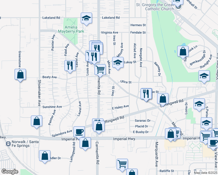 map of restaurants, bars, coffee shops, grocery stores, and more near 12017 Inez Street in Whittier