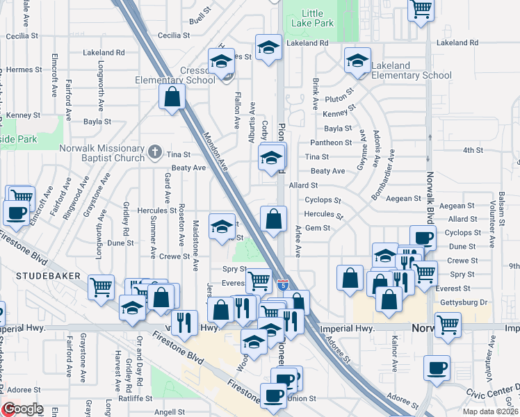map of restaurants, bars, coffee shops, grocery stores, and more near 12016 Mondon Avenue in Norwalk
