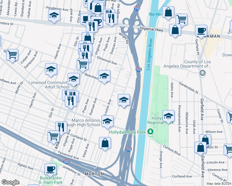map of restaurants, bars, coffee shops, grocery stores, and more near 11251 Wright Road in Lynwood