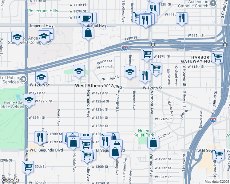 map of restaurants, bars, coffee shops, grocery stores, and more near 12112 South Budlong Avenue in Los Angeles