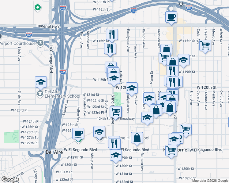 map of restaurants, bars, coffee shops, grocery stores, and more near 12100 S Inglewood Ave in Hawthorne
